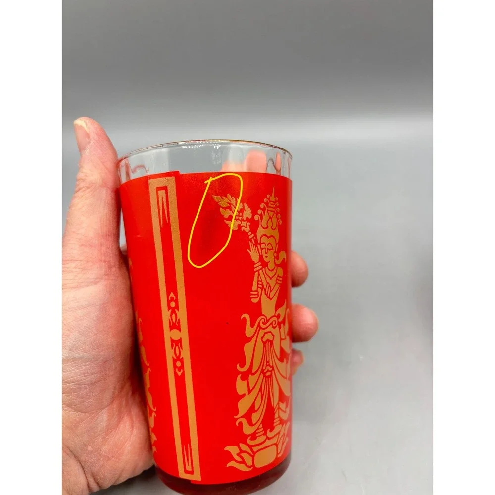 Vtg 60s Red‎ Gold Siam Thai Goddess High Ball Glasses 7 Pc Mid Century Barware